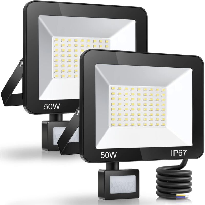 50W Projecteur led Exterieur Detecteur de Mouvement 5000LM 7000K Blanc, IP67 Étanche Spot led Avec Détecteur, Froid Eclairage Exterieur, Lampe