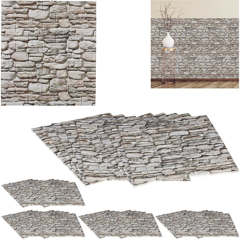 Self-Adhesive Wall Panels, Set of 50, Cut to Size, Modern Look, Stone Pattern, Paneling, 77 x 70 cm, Grey - Relaxdays