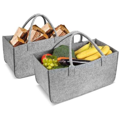 (50x25x25cm, 2 pezzi, grigio) Borsa in feltro di lana per cesto della legna, borsa per la spesa, portatile, pieghevole e resistente all'usura.