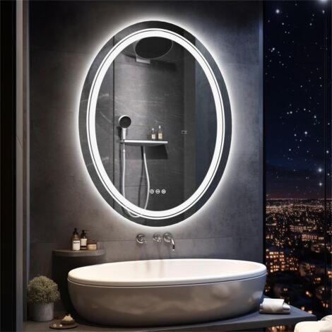 50x70cm Specchio bagno LED Luce Retroilluminato + Frontale Ovale, Dimmerabile Luce, Antiappannamento, Interruttore Touch, Memoria