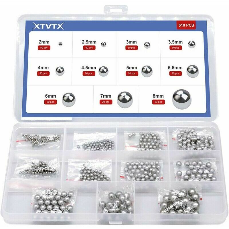 510 pièces Bille de roulement en acier chromé de précision solide Kit d'assortiment Combinaison 2 mm-8 mm Utilisé en vélo