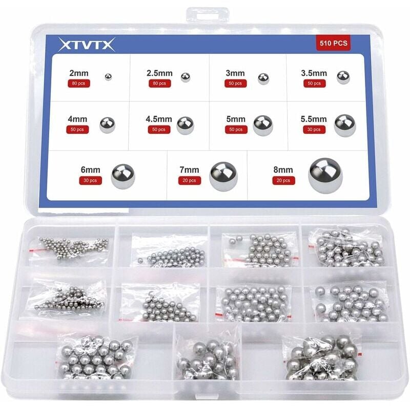 510 pièces Bille de roulement en acier chromé de précision solide Kit d'assortiment Combinaison 2 mm-8 mm Utilisé en vélo