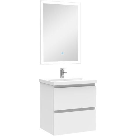510mm Matt White Wall Hung Bathroom Vanity Unit with Basin + LED Mirror C (Cool White Light)