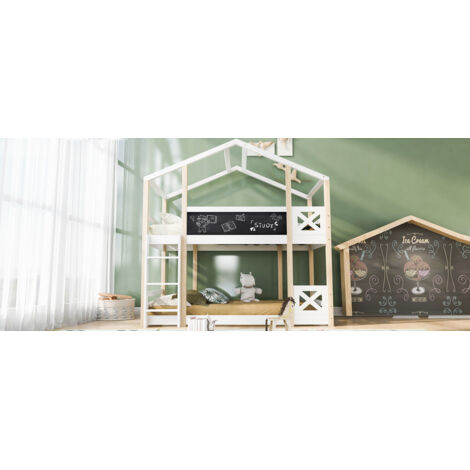 =517234AAW= Lit de bébé en forme de cabane, avec un espace pour grimper et une échelle. Dimensions : 90 x 200 cm. Lit de hauturée pour enfants – 2 supports en planches naturelles ou blanches.