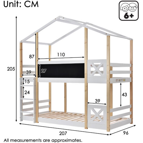 (=517273AAW) Lit cabane pour enfant avec échelle 90 x 200 cm, lit mezzanine pour enfant – 2 sommiers à lattes – Naturel et blanc