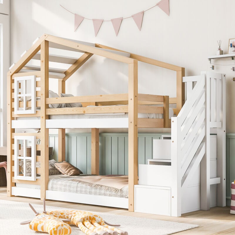 Redom - 517567AAW) Lit enfant cabane dans les arbres 90 x 200 cm, lit superposé pour enfants au design fenêtre avec rangement et protection contre
