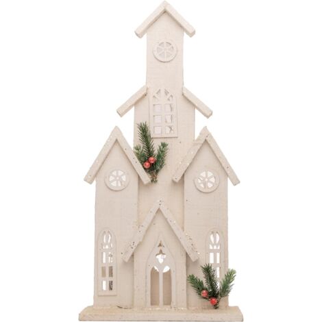 51cm Battery Powered Warm White LEDs Wooden Tower House Snow Covered Cottage Village Indoor Christmas Decorations, Wood