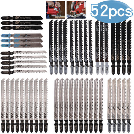 52 hojas de sierra de calar con mango en T, hojas de sierra multiusos HCS/HSS para cortar madera, plástico y metal.