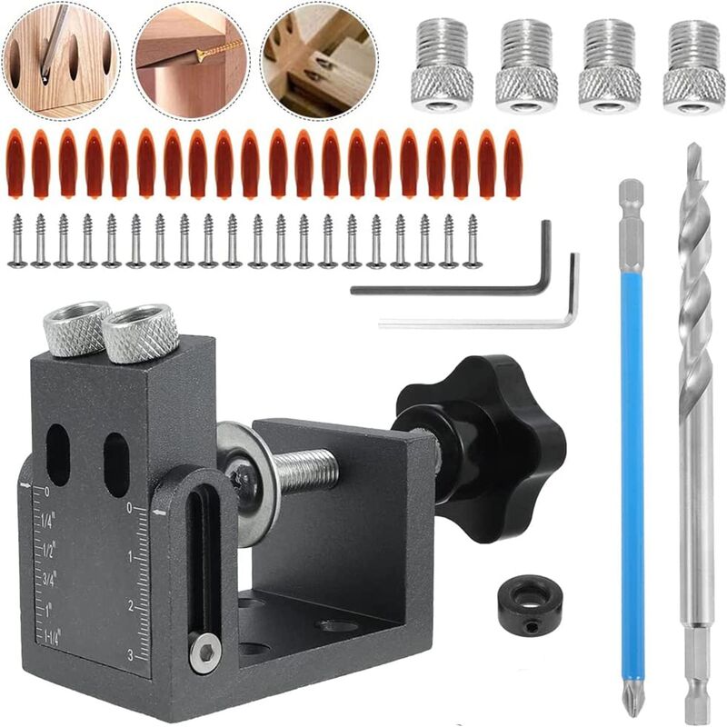 52-Piece Pocket Hole Jig Kit, 15° Slant Drill Jig, Slant Locator Positioning Tool with 6/8/10mm Adapter for Angled Woodworking Drill Guides
