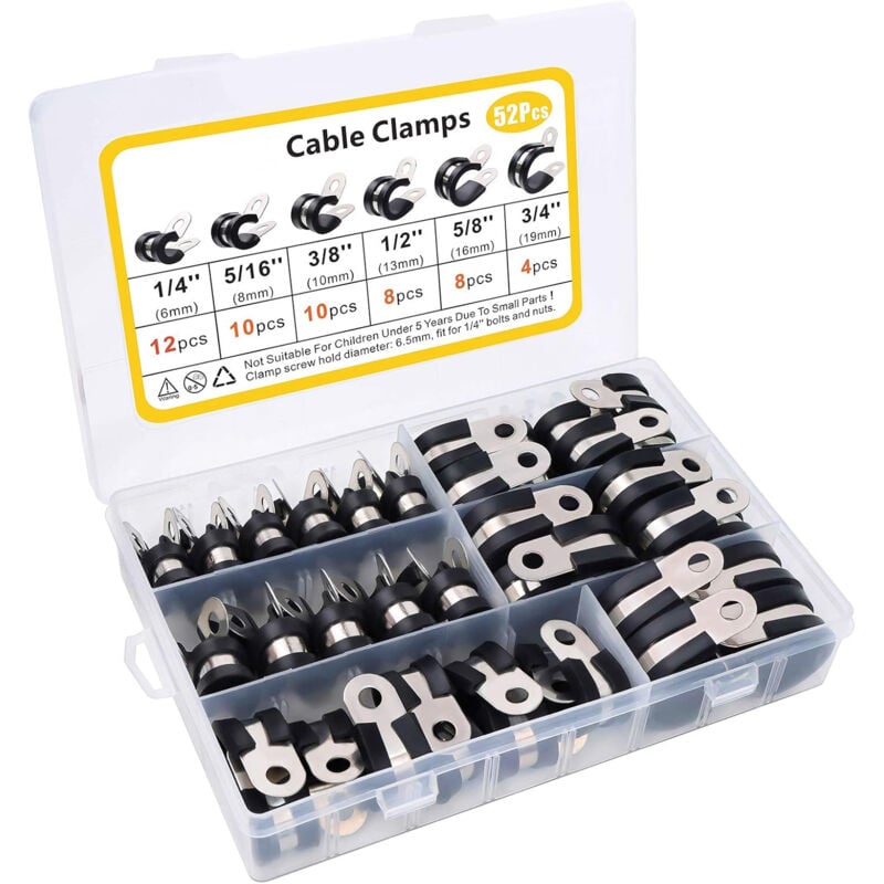 Devenirriche - 52 Pièces Caoutchouc Collier Serrage p Clips Tuyau Pinces Acier Inoxydable Pinces Caoutchouc Coussin Colliers 6 Tailles 1/4'5/16'