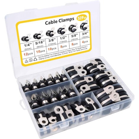 DEVENIRRICHE 52 Pièces Caoutchouc Collier Serrage P Clips Tuyau Pinces Acier Inoxydable Pinces Caoutchouc Coussin Colliers 6 Tailles 1/4"5/16" 3/8"1/2" 5/8"3/4"