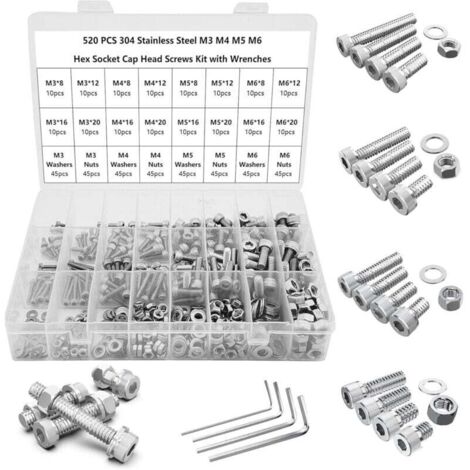 520-teiliges M3/M4/M5/M6-Kombinationsschrauben- und Muttern-Set, Innensechskantschrauben, 304 Edelstahl-Set