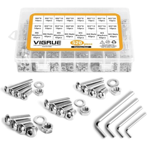 520PCS M3 M4 M5 M6 304 en Acier inoxydable Bouton à tête hexagonale Socket Tête Câble Boulons Vis avec écrous Assortiment