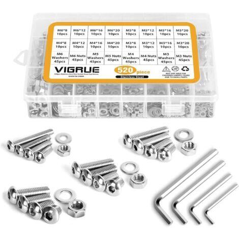 520PCS M3 M4 M5 M6 304 en Acier inoxydable Bouton à tête hexagonale Socket Tête Câble Boulons Vis avec écrous Assortiment