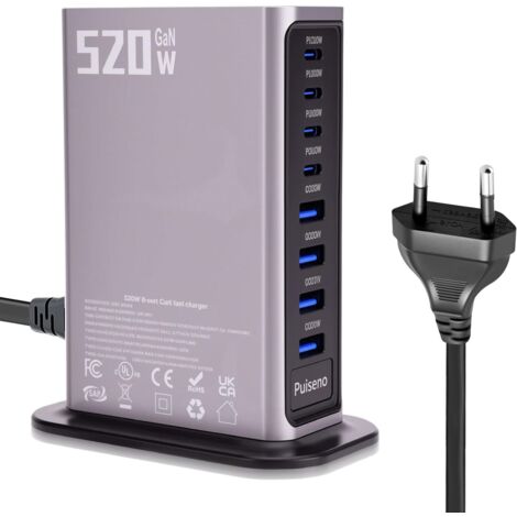 520W 8-in-1 GaN USB-C Ladegerät - PD100W/QC30W Schnellladestation (4C + 4A) - Kompatibel mit MacBook Pro/Air, iPad, iPhone, HP, Galaxy S25 usw. (grau)