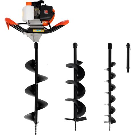 52CC Benzin Erdbohrer, 2-Takt 2.3PS Erdlochbohrer, Pfostenlochbagger Erdlochausheber mit 3 Ersatzbohrern 4", 6", 8" und 12" Verlängerungsstange, Gartenbohrer Erdbohrer, Pfahlbohrer Benzin
