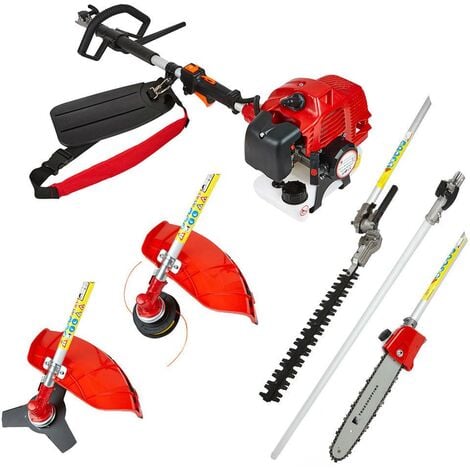 52cc Petrol 5-in-1 Garden Multi Tool Grass Trimmer Brush Cutter Chainsaw Pruner - Red