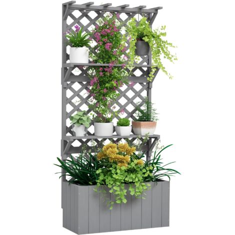 52L Wooden Planter, with Trellis and Shelves - Grey