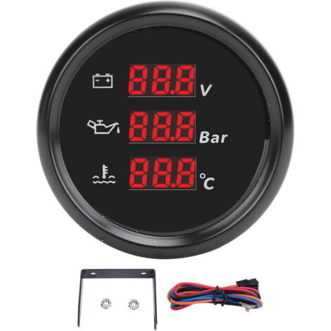 52mm Voltaggio Pressione Olio Indicatore Temperatura Acqua Retroilluminazione Rossa Voltmetro Digitale Impermeabile per Barca Yacht RV da 9 a 32VDC Quadrante Nero Lunetta