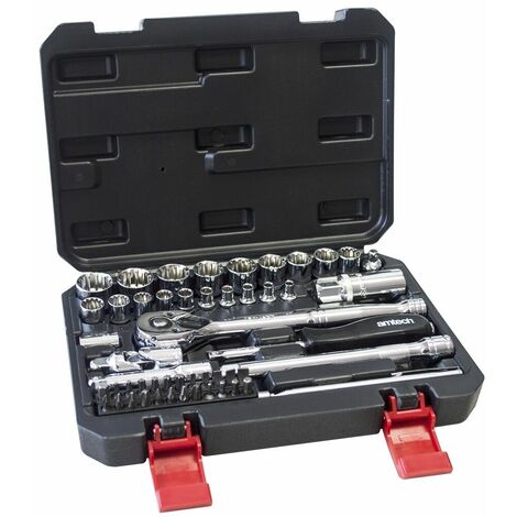 AM-TECH 52PC 1/4 & 3/8 12 POINT SOCKET RATCHET EXTENSION BAR BIT SET WITH CASE I0635