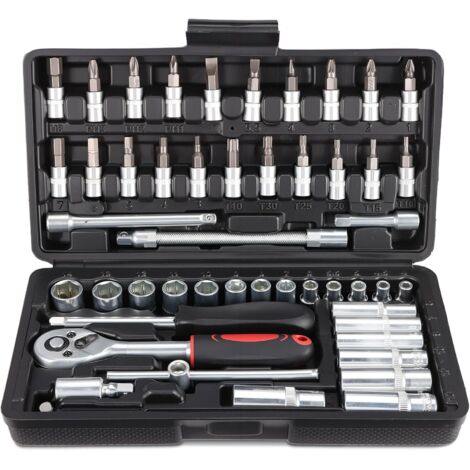53PCS Coffret de Douilles, Embouts, Jeu Douille Clé à Cliquet Dégagement, Douilles et Embouts Clés 1/4" 72 Dents -