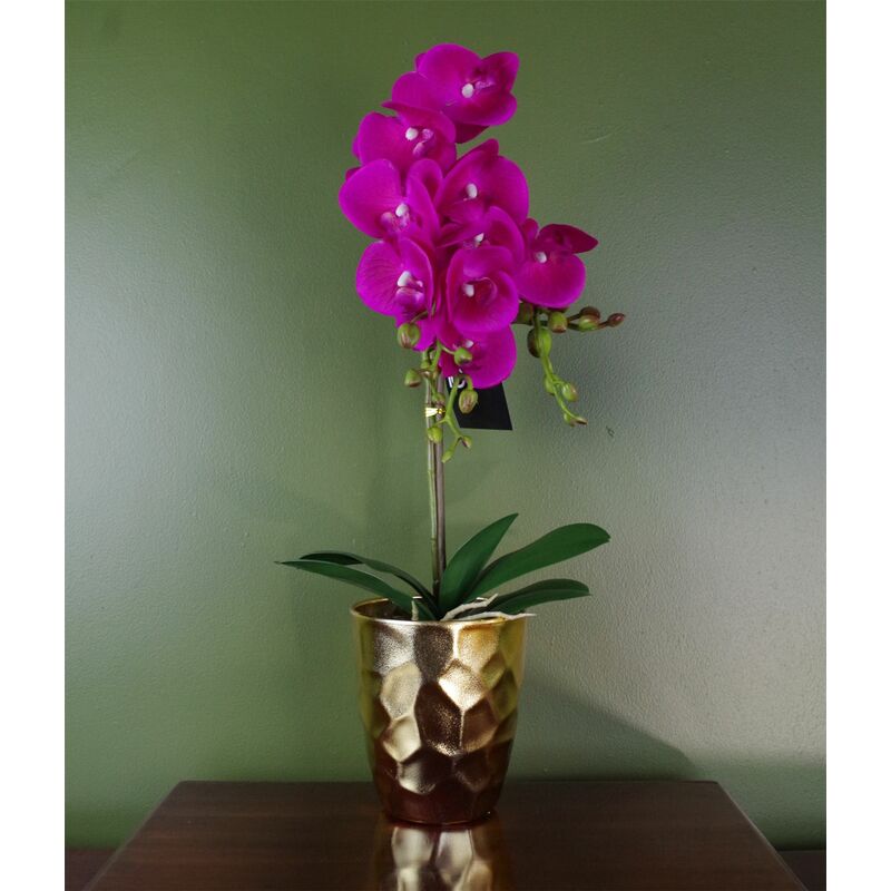 Leaf 54cm Artificial Orchid Plant - Dark Pink Gold Pot