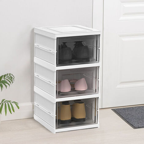 54cm H White 3 Tier Foldable Shoe Storage Box Unit