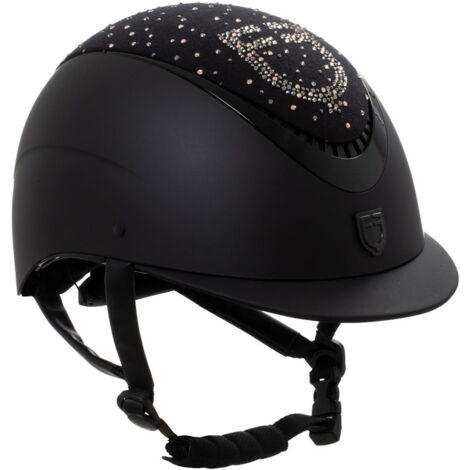 55-57 cm, Nero e Nero: Casco da donna per equitazione con visiera stretta modello Proxima con brillantini e rotella di regolazione