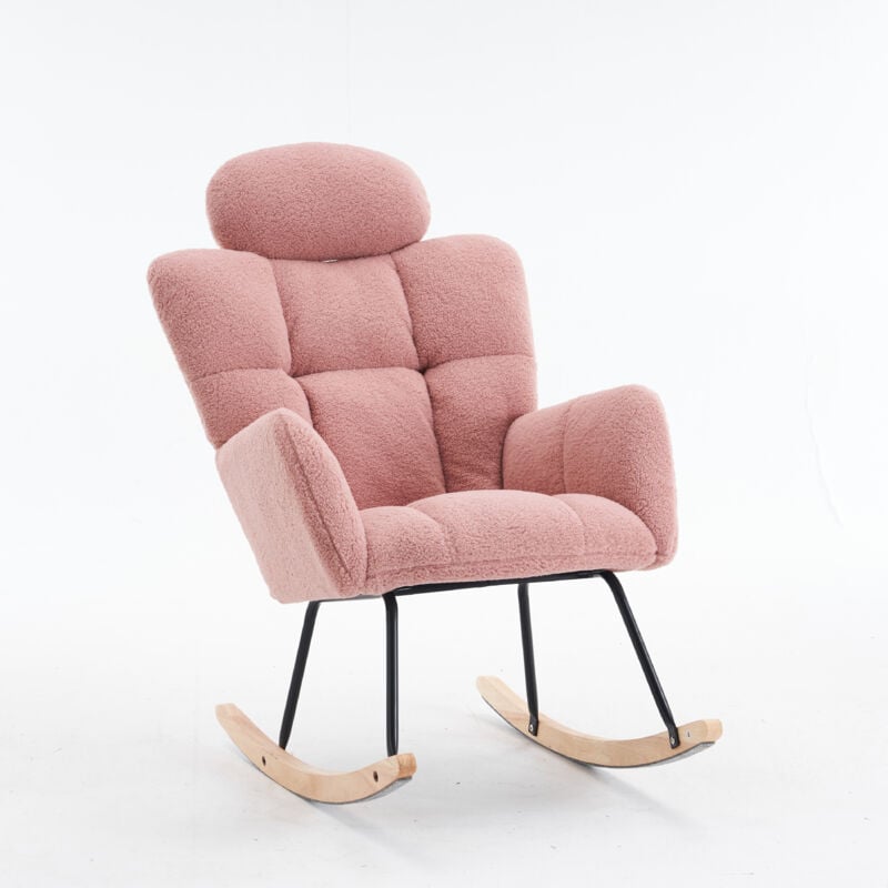 055 Chaise à bascule en tissu peluche doux, siège rembourré capitonné pour salon, chambre à coucher, rose
