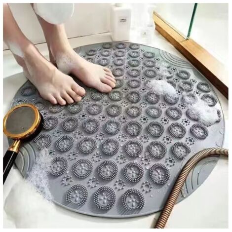 (55 x 55 cm, gris) Alfombra de baño redonda de PVC y silicona, alfombra de masaje con ventosas hidrófobas, alfombra antideslizante con ventosas y orificios de drenaje, adecuada para baño, bañera y duc