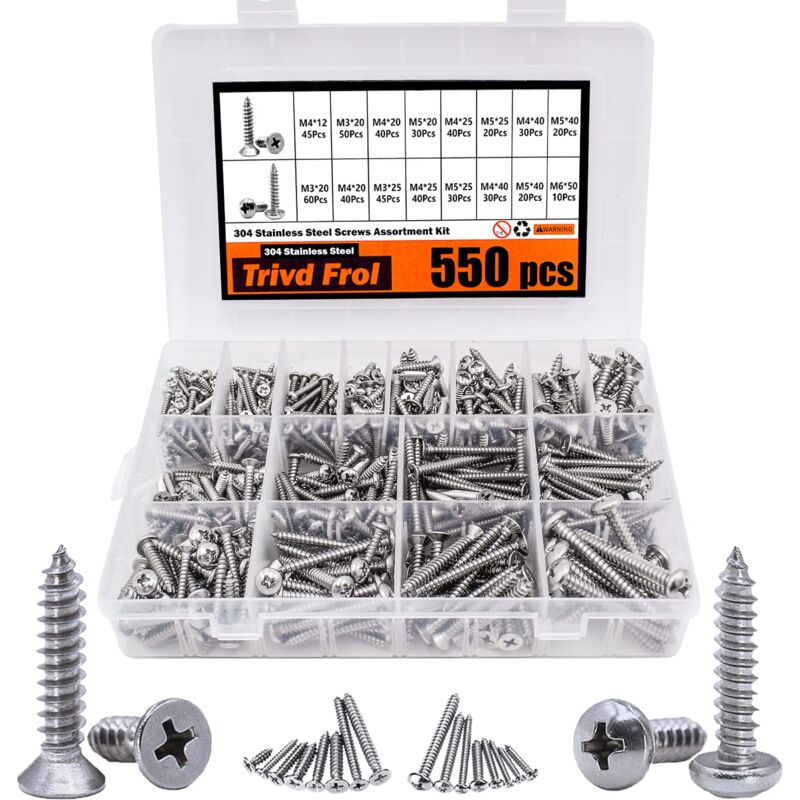 550 pcs self-tapping screws assortment, M3/M4/M5/M6 304 stainless steel sheet metal screws assortment, Phillips drive wood screws assortment 550 pcs