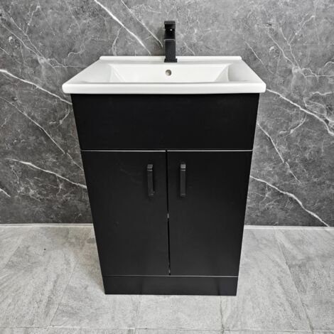 550mm Black Vanity Unit with Black Handles Square Style 2 Doors Inc Basin Tess, Without Tap