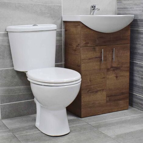 550mm Walnut Vanity Unit with Modern Toilet Bathroom Suite Basin Sink Cloakroom, No Tap Pack