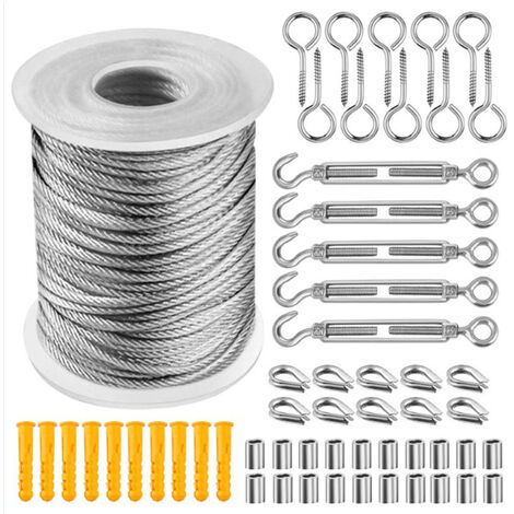 main image of "56 Pcs Garden Wire/Picture Wire/Wire Fence Roll Kits, 15mHeavy Duty 304 Stainless Steel Cable Rope, Lag Screw Eye Screw, Turnbuckle Wire Tensioner for Clothesline Railing Decking Plants Fence"