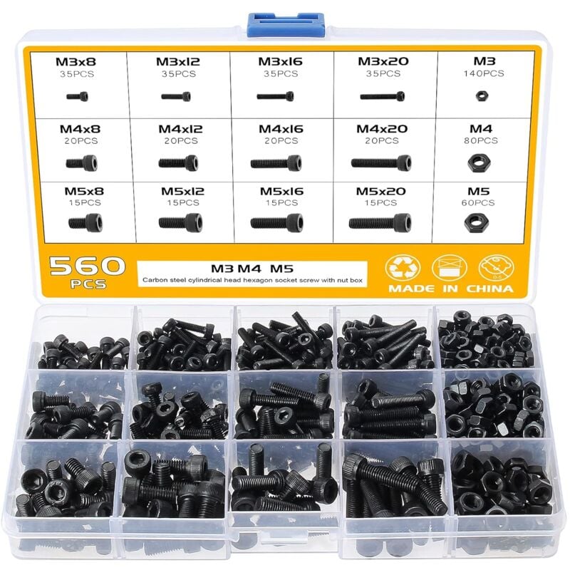 560PCS M3 M4 M5 Assortiment de Vis 6 Pans, Vis avec Écrous Assortiment, Vis à Tête Cylindrique à Six Pans Creux en Acier Carbone 12.9, Assortiment