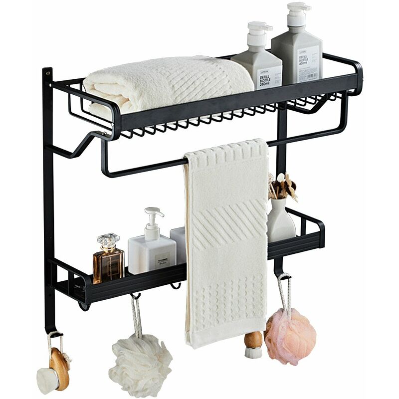 

56cm Estante de Baño, Soporte para Toallero de 2 Niveles, Almacenamiento de Pared, Negro