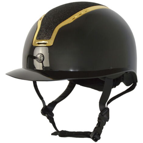 57-59  CM, NERO: Casco da equitazione con calotta e visiera larga lucide con frame dorato e glitterato