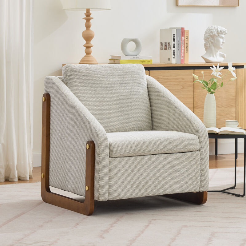 Okwish - Fauteuil d'appoint pour salon 73,5x73,5x73,5 cm chaise moderne avec accoudoirs en bois, avec coussin de dossier, tissu chenille beige
