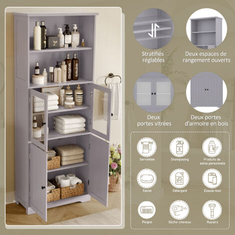 57,4 x 28,5 x 160 cm. Armoire de salle de bains avec espace de rangement intérieur. L’armoire est peinte entièrement en couleur blanche. Il y a deux compartiments ouverts, ainsi que des parois réglabl