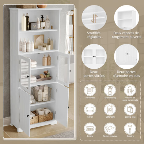 57,4 x 28,5 x 160 cm. Meuble de salle de bains avec espace de rangement intérieur. Finition peinte entièrement. Porte en verre sur le meuble. Portes en bois également. Couleur blanche.