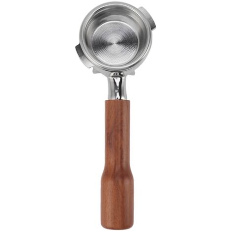 58 mm Edelstahl-Filterhalter mit Holzgriff und Doppelauslauf für Kaffeemaschinen im Nuova-Stil, abnehmbar und mit zwei Halterungen.