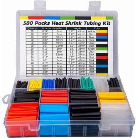 580 Pièces Gaine Thermorétractable, Ratio de Contraction 2: 1 du Kit de Tube de Câble Thermorétractable D'isolation Électrique (6 Couleurs, 11 Tailles)