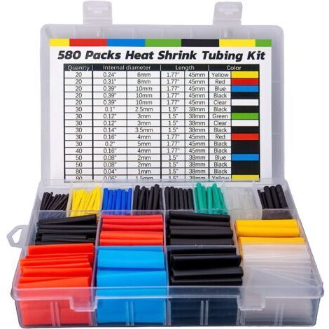 580 Pièces Gaine Thermorétractable, Ratio de Contraction 2: 1 du Kit de Tube de Câble Thermorétractable D'isolation Électrique (6 Couleurs, 11 Tailles)