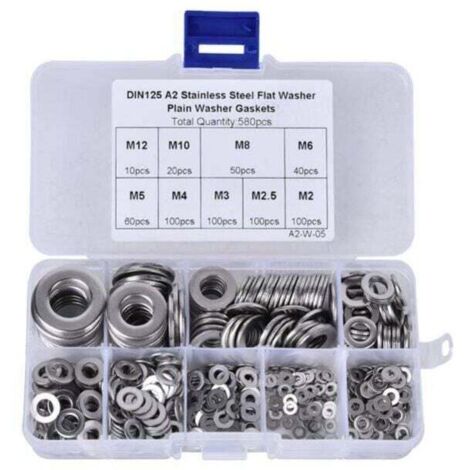 580 pièces Jeu de Rondelles plates en acier inoxydable 304 M2-M12 pour joints d'étanchéité,argent rondelle plate