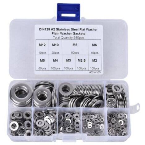580 pièces rondelles plates en acier inoxydable 304 – M2-M12 pour joints d'étanchéité – Résistance à la corrosion – Kit varié