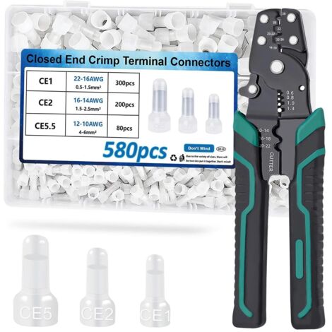 580 Stück Crimp-Anschlussklemmen mit geschlossenem Ende und Crimpzange 22–16, 16–14, 12–10 AWG Kabelendkappen Kabelverbinder mit geschlossenem Ende für Auto
