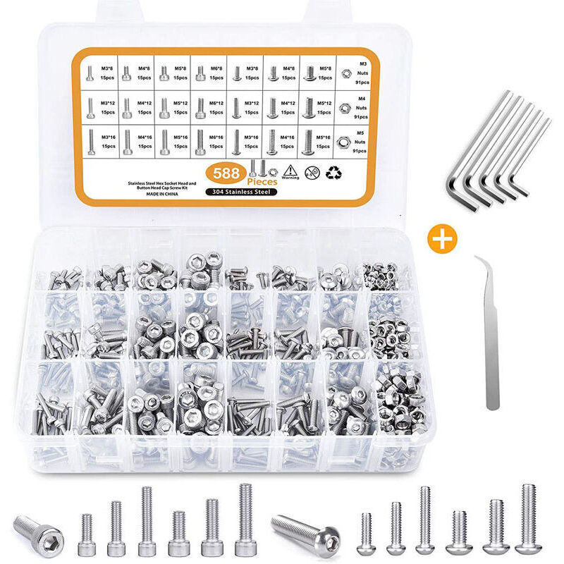 588 Assortiment de vis M3 M4 M5 M6 - Vis à tête cylindrique à six pans creux métriques - Acier inoxydable 304 - Argent,