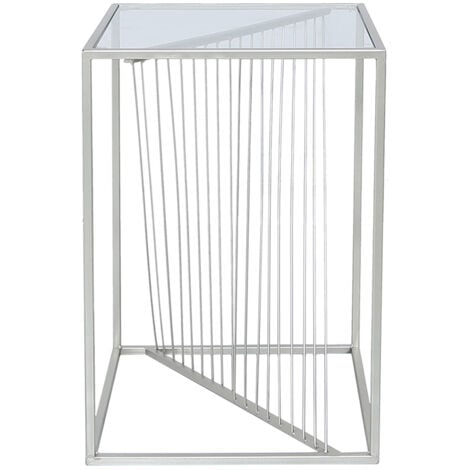 58cm Slim Sofa Side Table for Living Room Furniture, Silver Finish Metal End Table with Glass Tabletop
