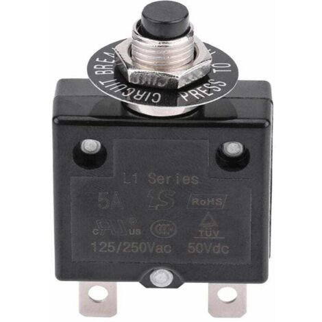 5A circuit breaker, optional thermal switch with reset, 125-250V AC, 50V DC, overcurrent protection, push-button circuit breaker