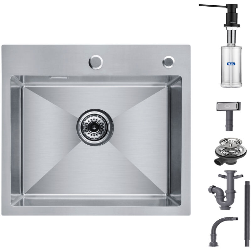 Cecipa - vier de Cuisine 1 Bac, Évier de Cuisine 50 x 45 x 18,5 cm, Évier de Cuisine Carré Inoxydable Brossé + Distributeur de Savon Noir